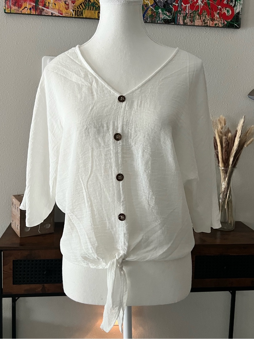 Women's White V-Neck Blouse With Tie